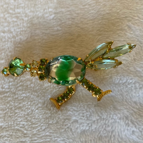 Rare VINTAGE green rhinestone, crystal, & gemstone ROADRUNNER BROOCH - Picture 7 of 8